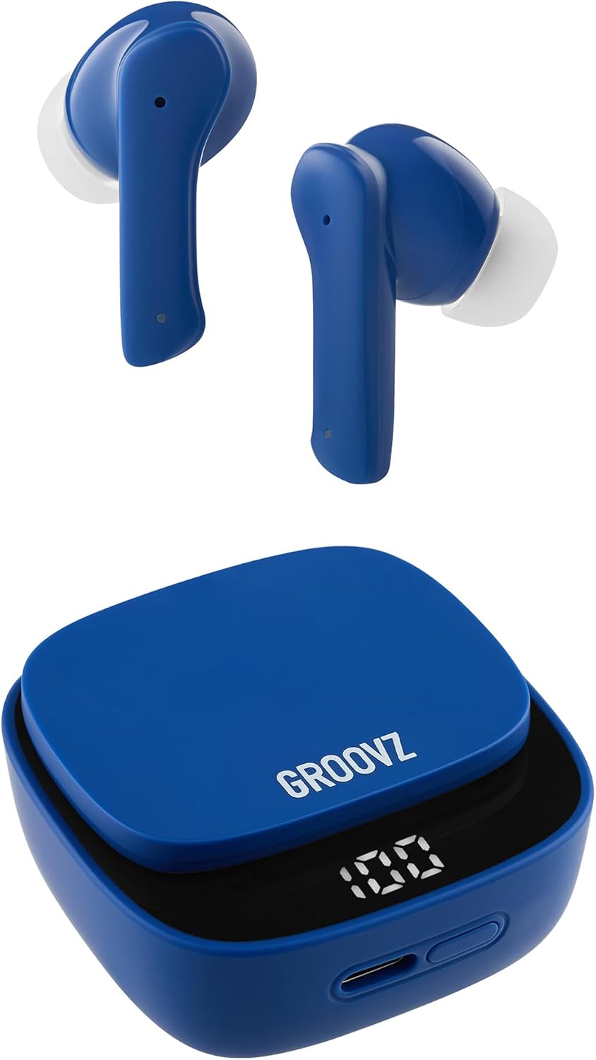 Groovz True Wireless Earbuds - USA Designed - 27Hrs Battery - Dual Mic - Blue
