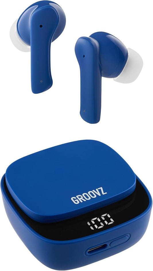 Groovz True Wireless Earbuds - USA Designed - 27Hrs Battery - Dual Mic - Blue