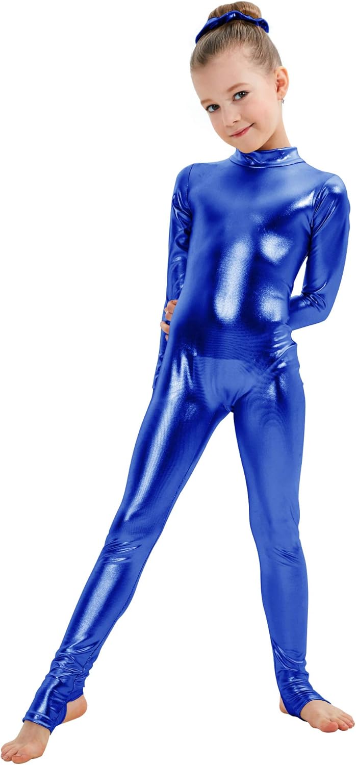 Kepblom Girls Shiny Metallic Mock Neck Unitard for Dance