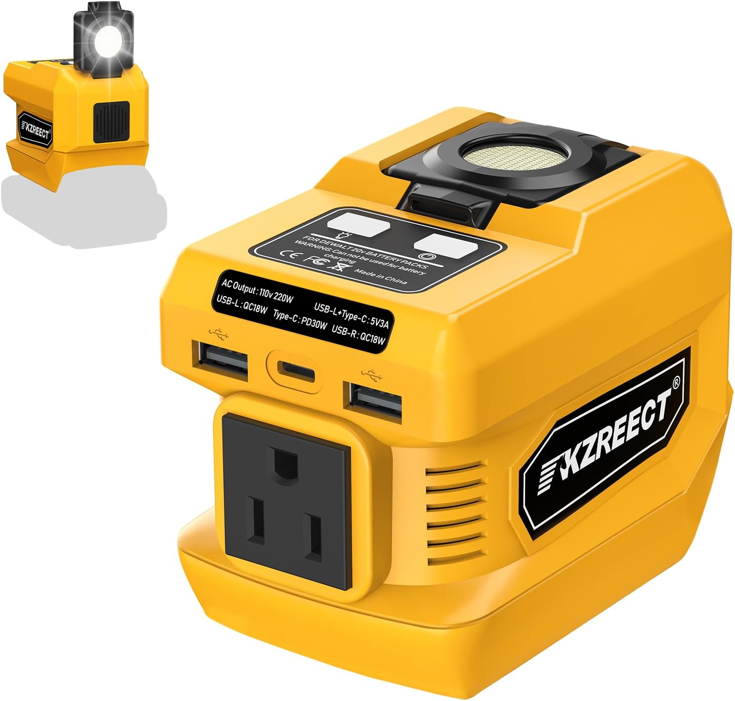 Portable 220W Power Inverter w/ Dewalt Battery, 2 USB Ports, Type-C, AC Outlet!