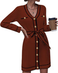 Pink Queen Women's Long Sleeve Sweater Dress - Colorblock Belted Mini