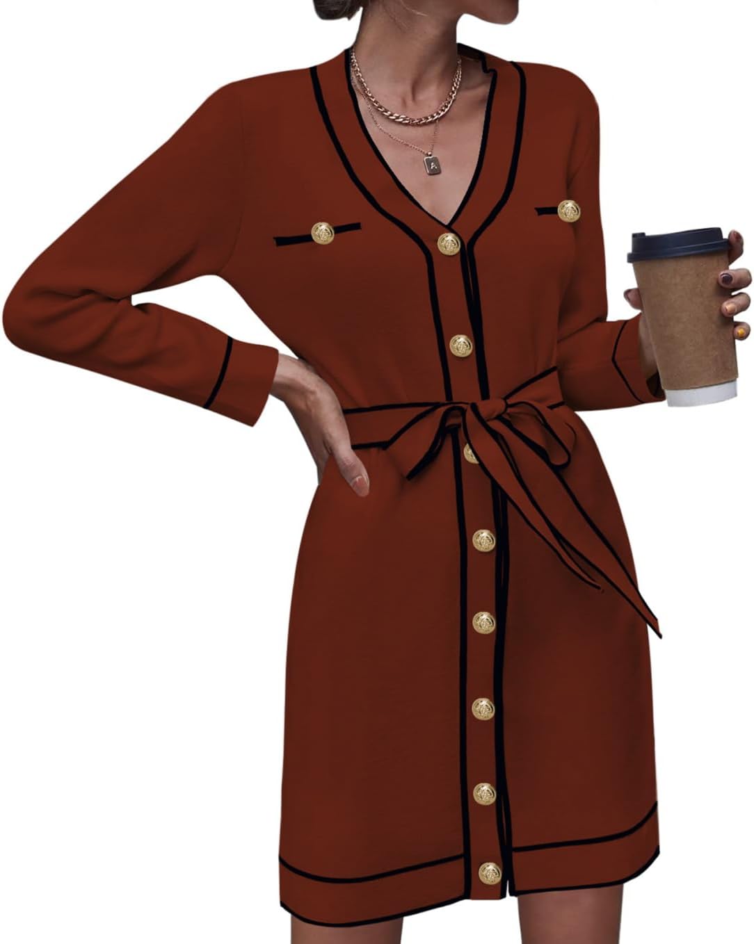 Elegant Long Sleeve Button Down Sweater Dress for Women