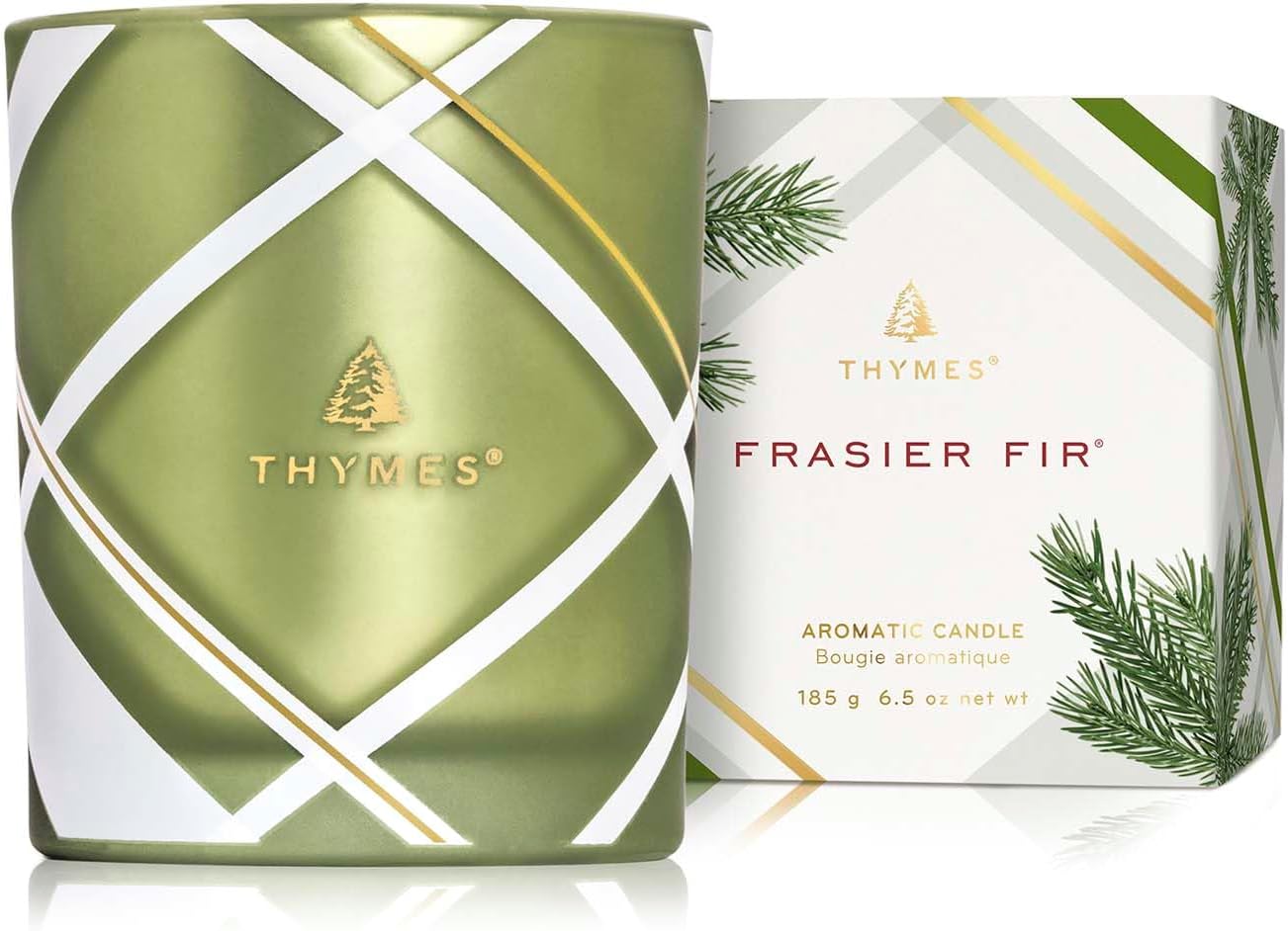 Thymes Frasier Fir Candle in Frosted Plaid Jar for Holidays