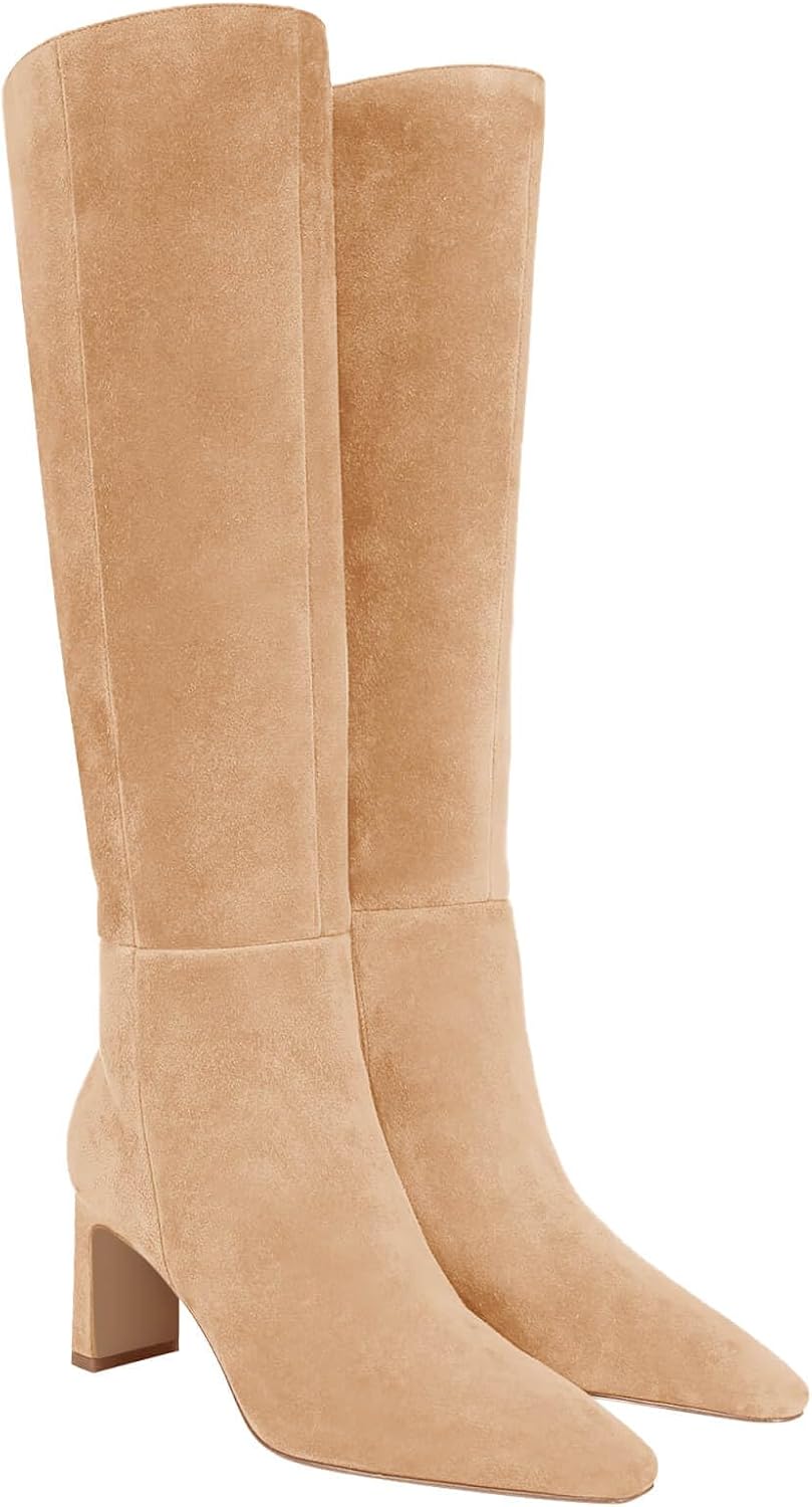 Coutgo Womens Knee High Boots with Chunky Heel and Zipper