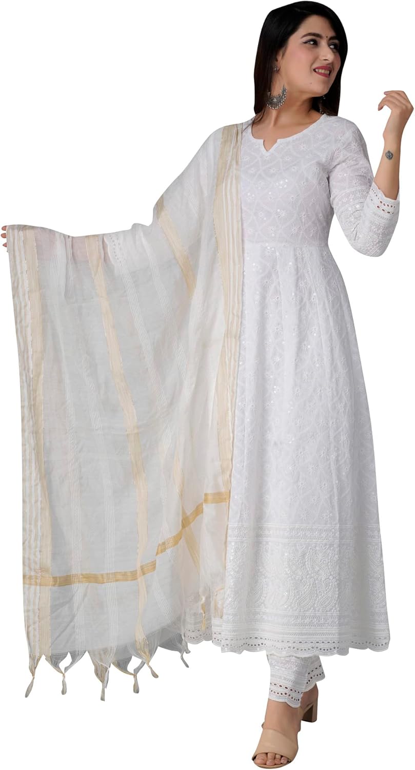Chikankari Cotton Anarkali Kurti Set for Women Summer Dress