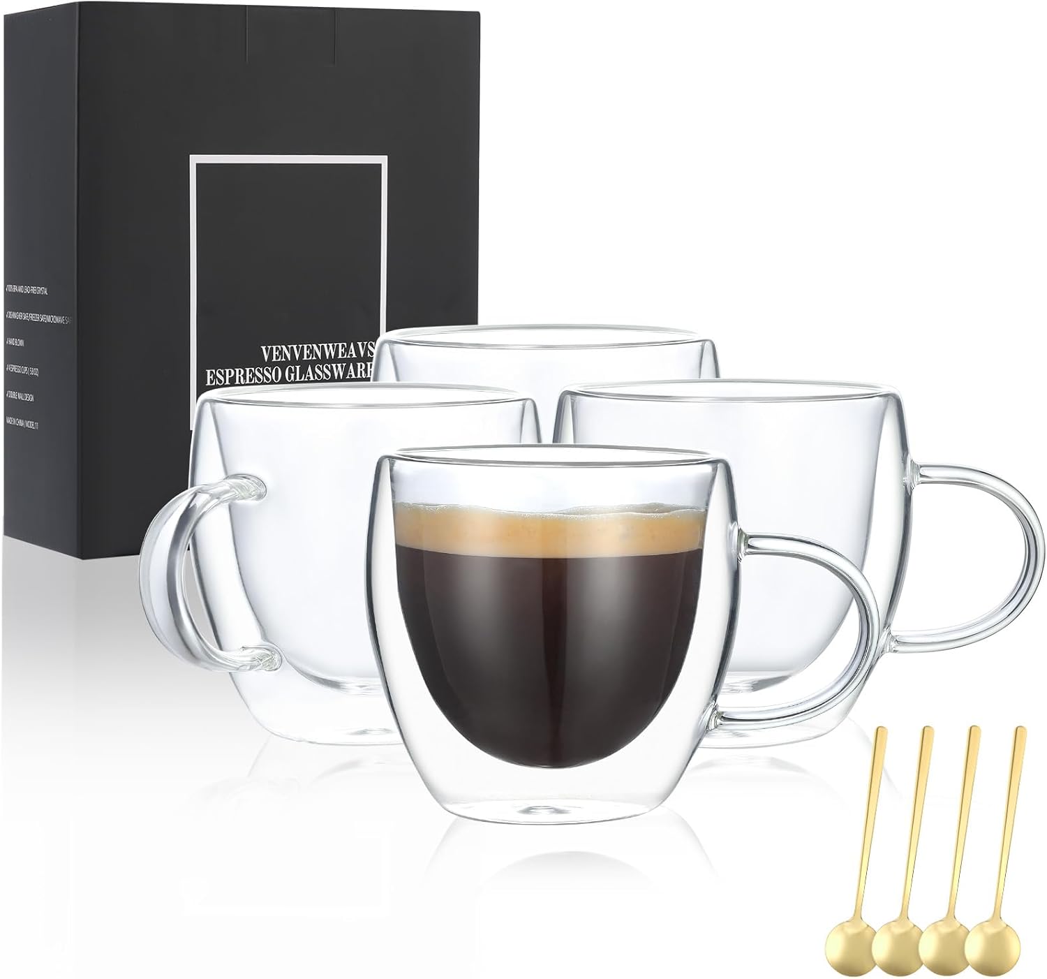Set of 4 Double Wall Espresso Cups - Gift Box Included