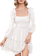 Smocked Ruffle Mini Dress Square Neck Long Sleeve (Style M21V)