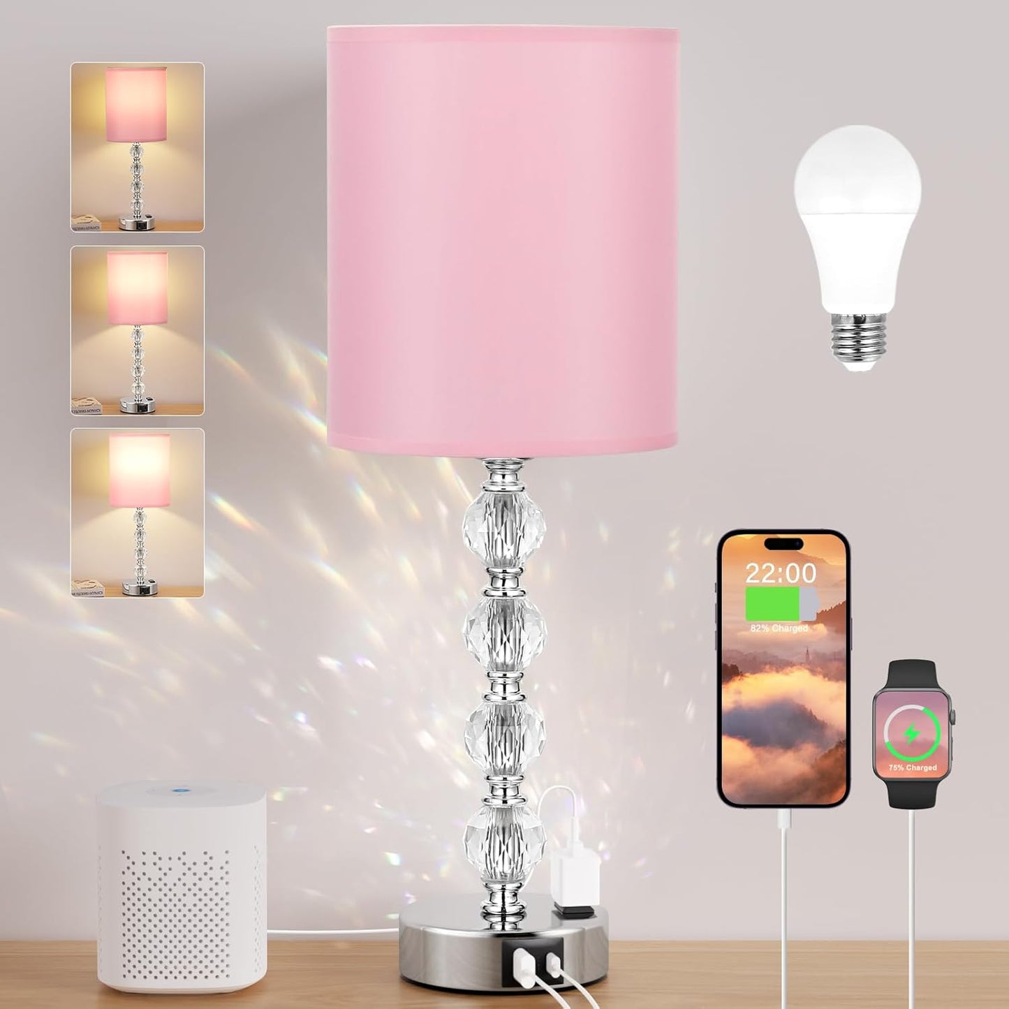 Touch Bedside Crystal Lamps with USB Ports for Nightstands