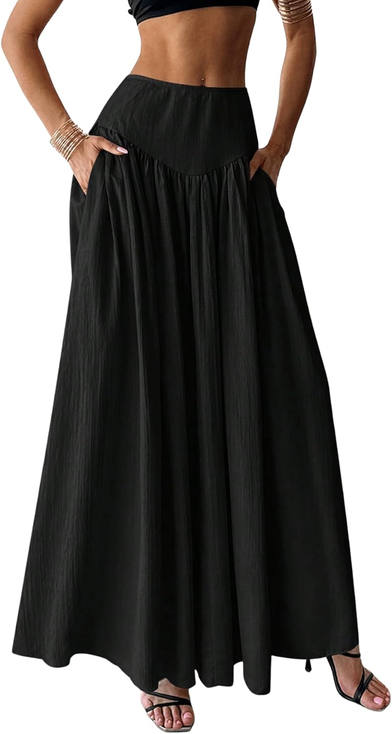 Pleated Flowy Long Skirts for Women - High Waist Maxi Skirt