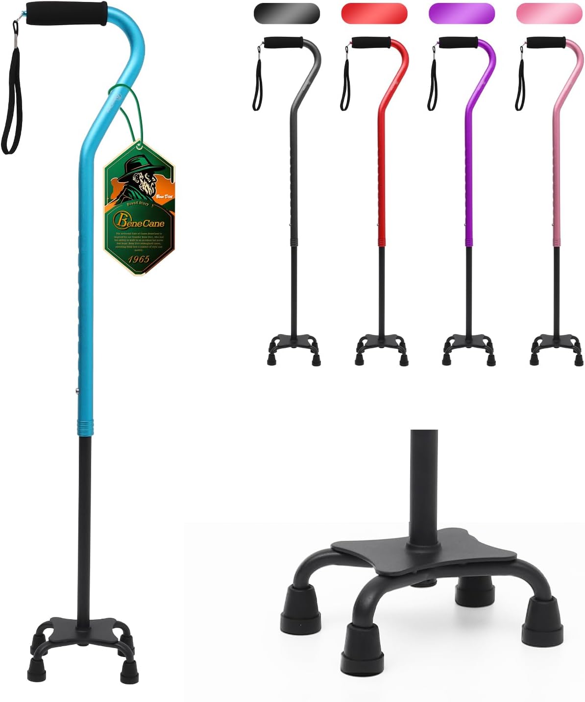 BeneCane Adjustable Quad Cane with Cushioned Handle for Stability