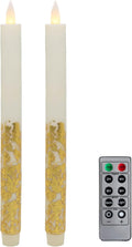 Gold Leaf 9in Flameless Taper Candles Flickering with Remote - Long