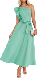 One Shoulder Ruffle Maxi Dress - Flowy Summer Empire Waist Novelty