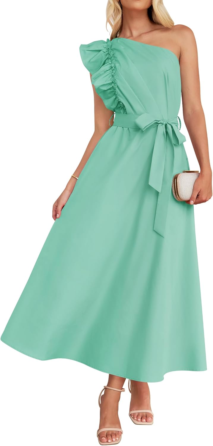 ZESICA Women's One Shoulder Ruffle Maxi Dress for Summer Fun
