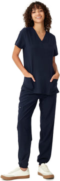 Women's V-Neck Scrubs Top and Cargo Pants Set with 10 Pockets