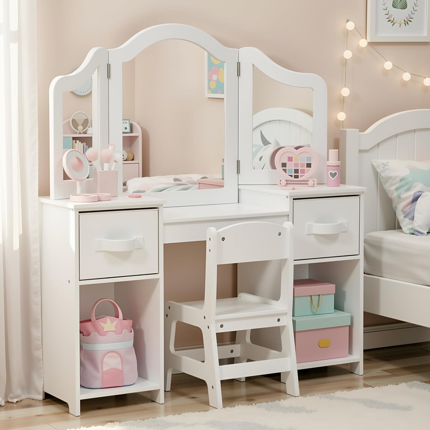 Arlopu Kids Vanity Set - 2 in 1 Toddler Makeup Table & Chair
