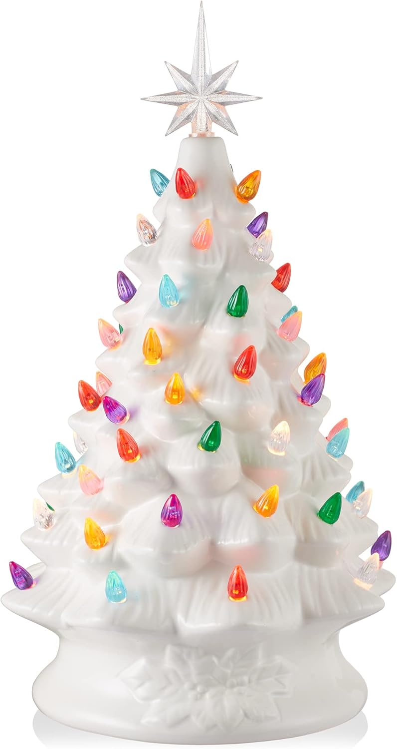Hand Painted Ceramic Christmas Tree with Multi Color Lights