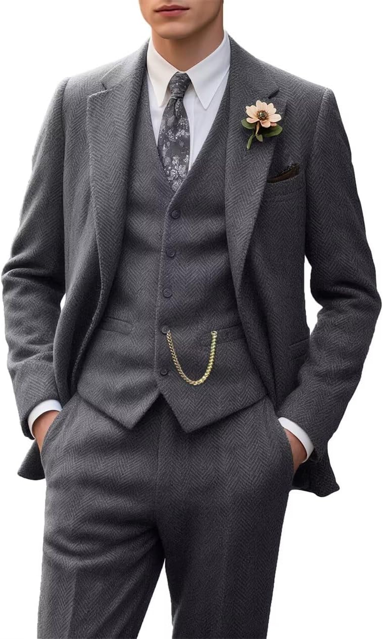 Retro Tweed Men's Suit 3 Piece Slim Fit Herringbone Tuxedo Set