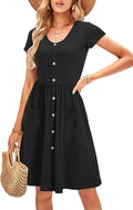 OUGES V Neck Button Down Skater Dress with Pockets - Casual Midi Fit