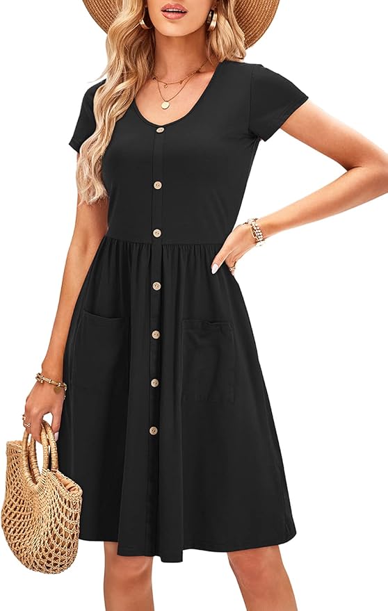 OUGES Women's V Neck Button Down Skater Dress with Pockets