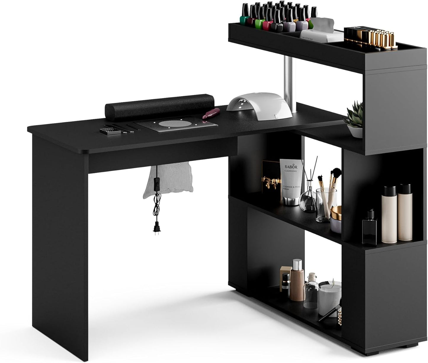 L-Shaped Nail Tech Desk with Dust Collector for Beauty Salons
