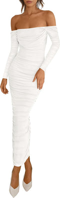 Womens Off Shoulder Mesh Ruched Maxi Dress - Fall 2025