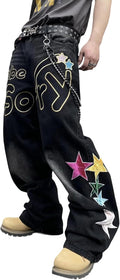 Men's Baggy Hip-hop Embroidered Black Denim Jeans - Loose Fit