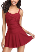 SHEKINI Women's Crossover Ruched Skirt One Piece Swimdress - Slimming