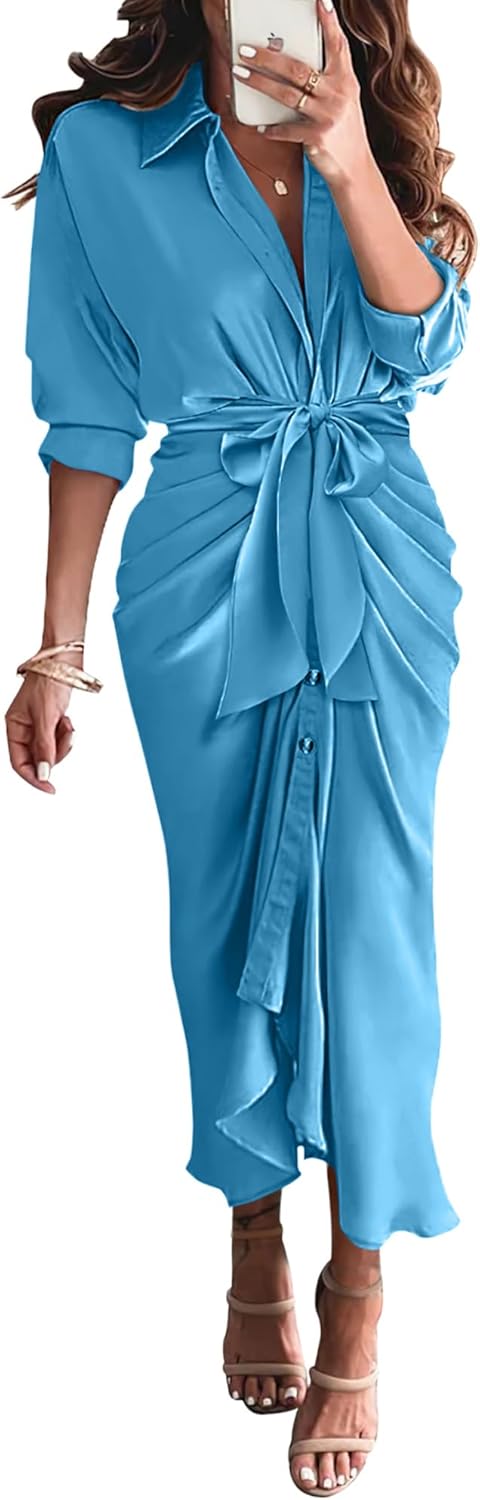 Elegant Satin Maxi Dress for Women with Long Sleeves and Belt