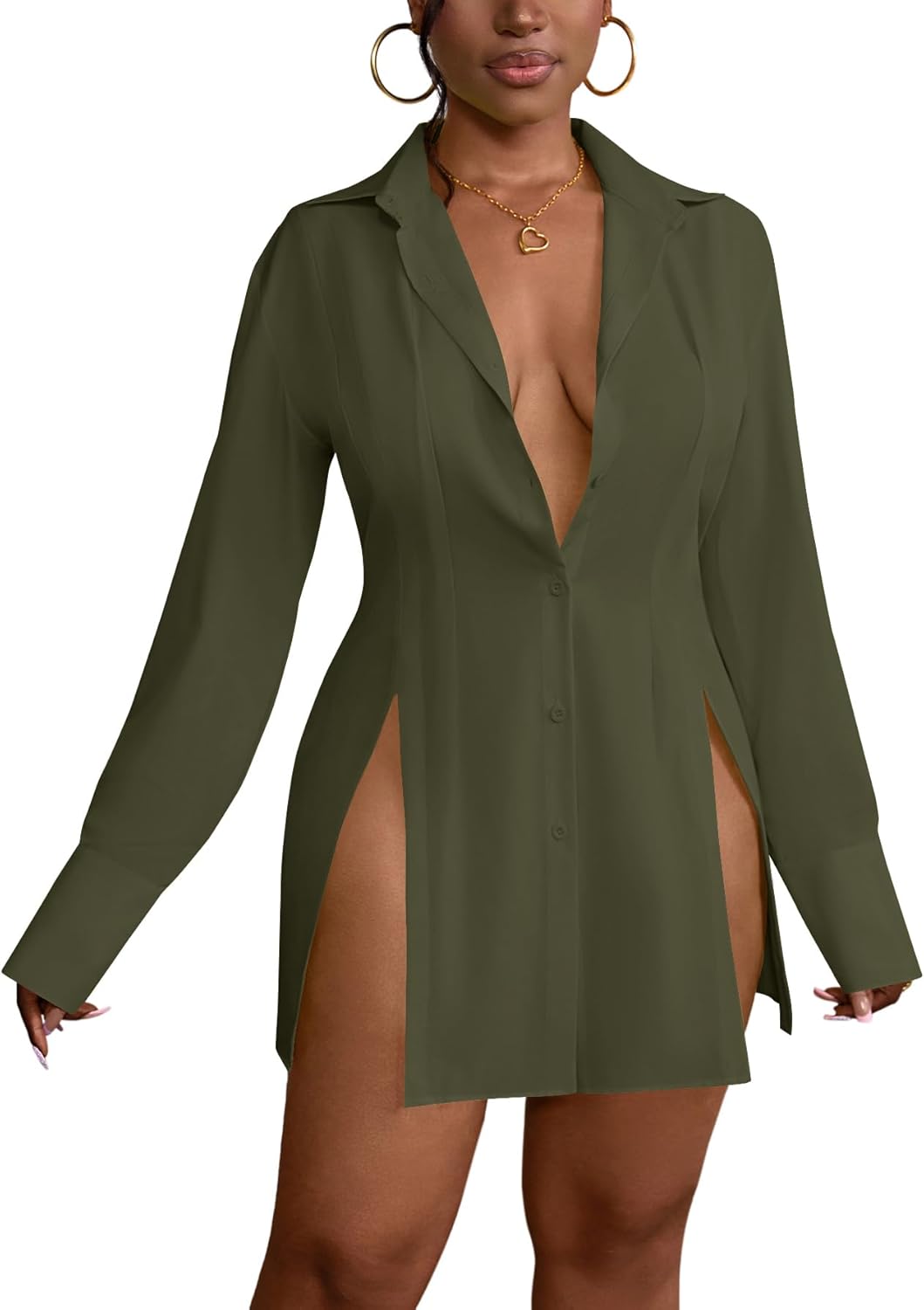 LYANER Women's Sexy V Neck Long Sleeve Button Down Shirt Dress