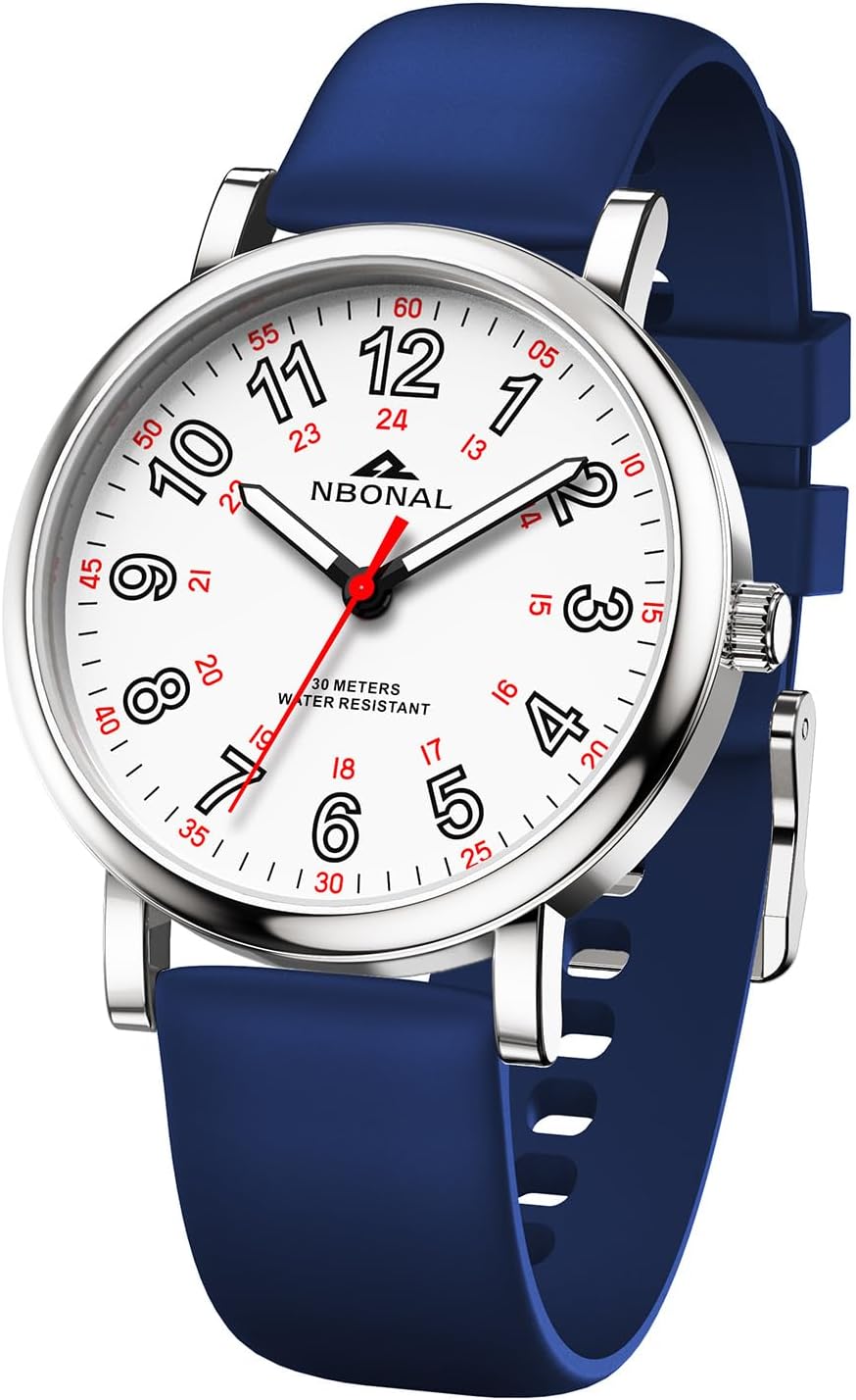 NBONAL Nurse Watch: Luminous Red Second Hand, 30M Waterproof