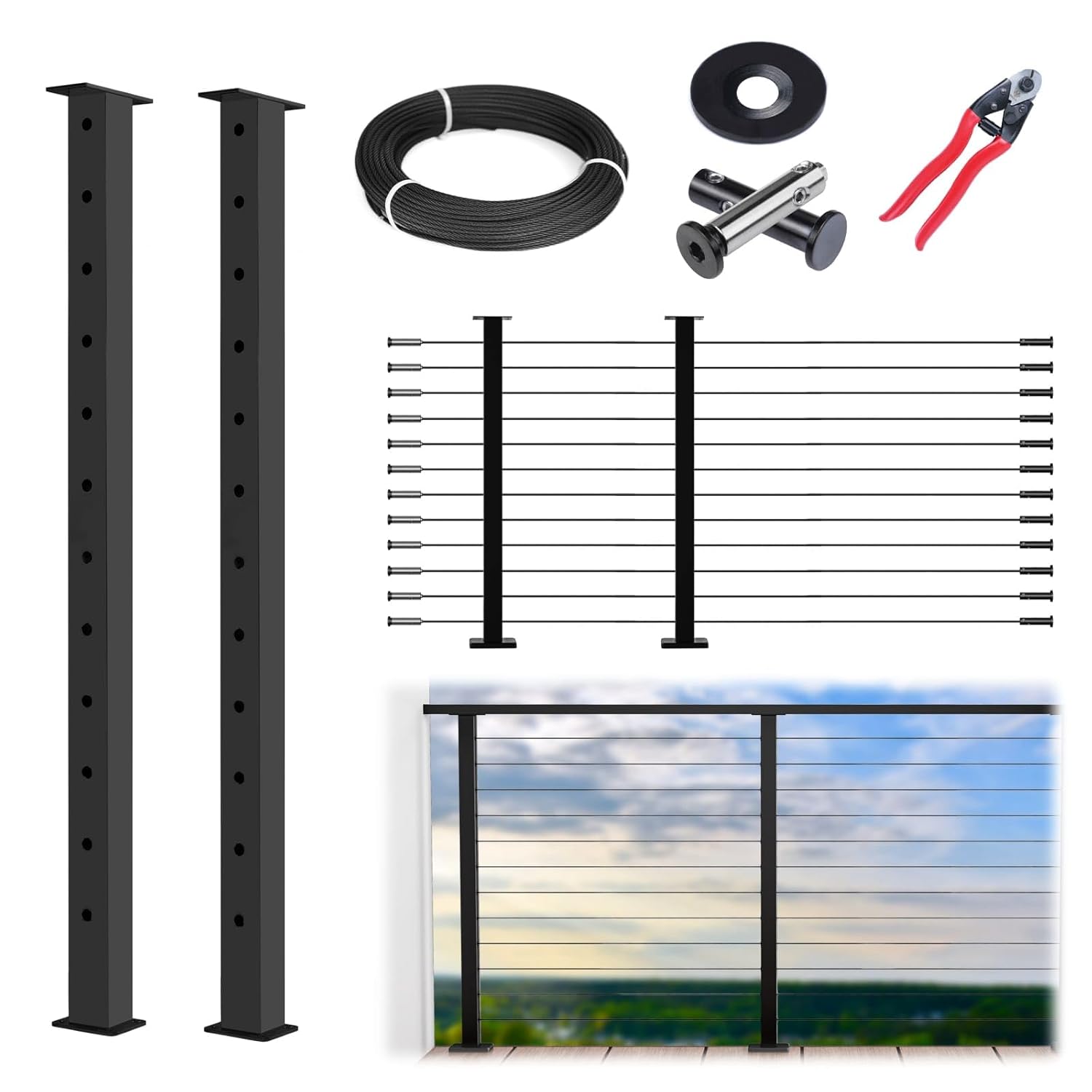 Muzata 5-10FT Modular Black Cable Railing Kit for Decks