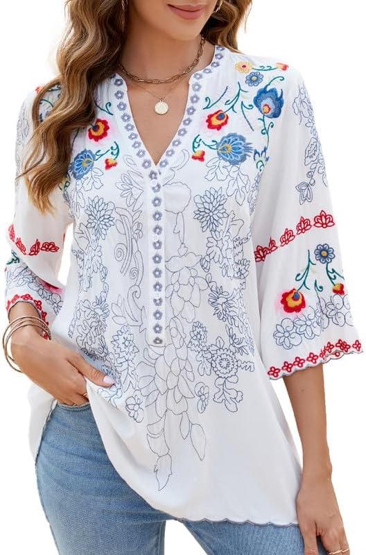 Mexican Shirts Peasant Blouses Cotton Embroidered Summer Tops