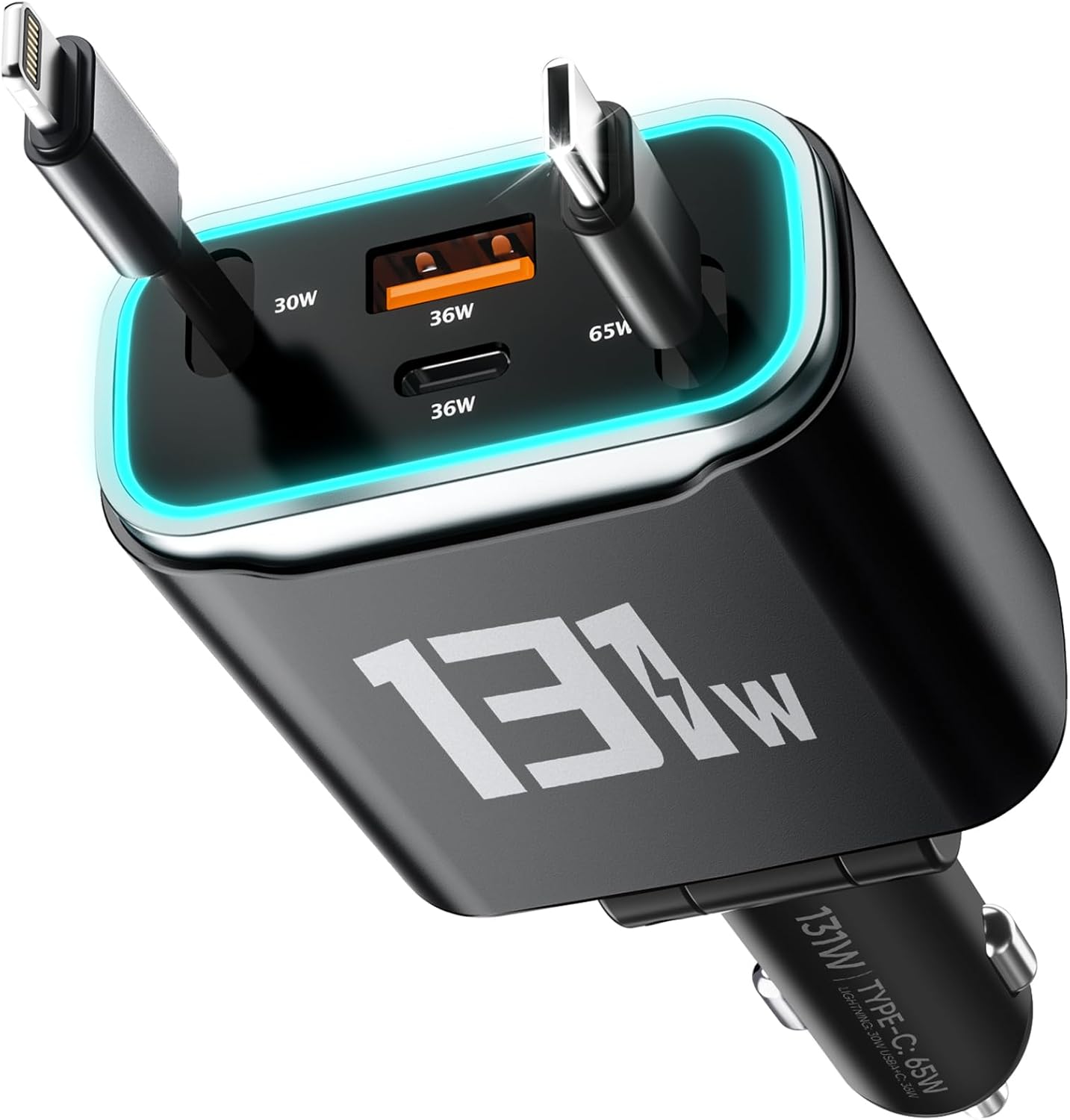 TOENNESEN Retractable Car Charger USB C 131W 4-in-1 Fast Charging