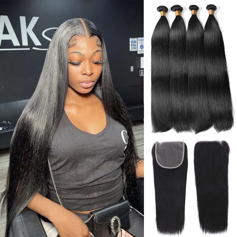 Straight Human Hair Bundles with Closure for Stunning Styles