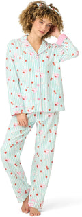 PJ Salvage Womens Flannel Pajama Set With Headband - Cozy Mint Stripe
