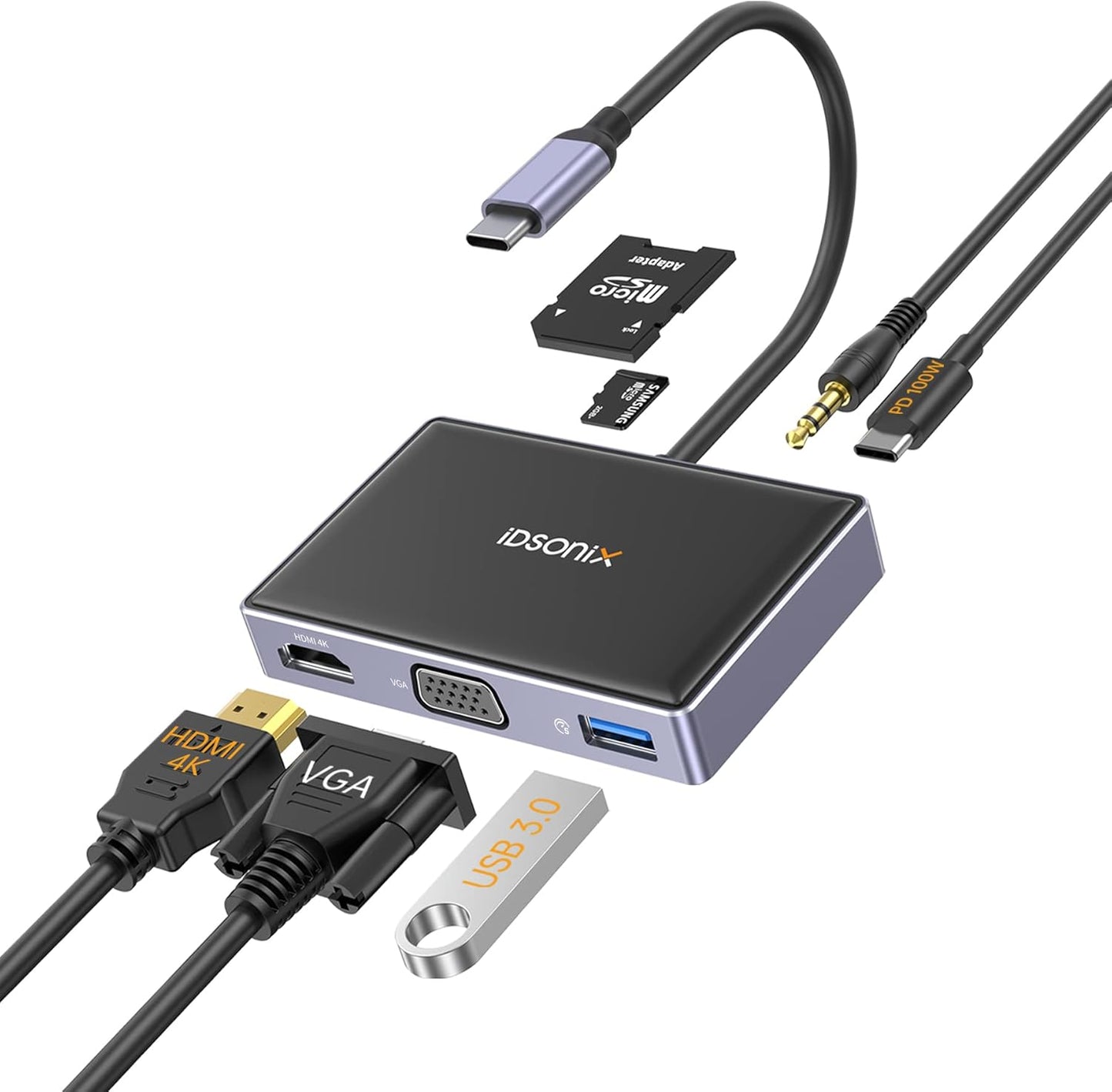 USB C to HDMI VGA Adapter - 7 in 1 MultiPort Hub for Laptops