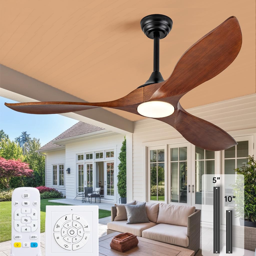 52 Inch Solid Wood Outdoor Ceiling Fans with Lights and Remote