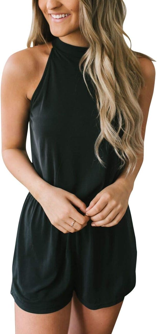 MEROKEETY Women's Summer Halter Neck Jumpsuit with Pockets
