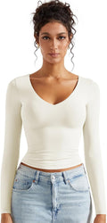Women Double Lined V Neck Crop Tank Top - Buttery Soft Long Sleeve