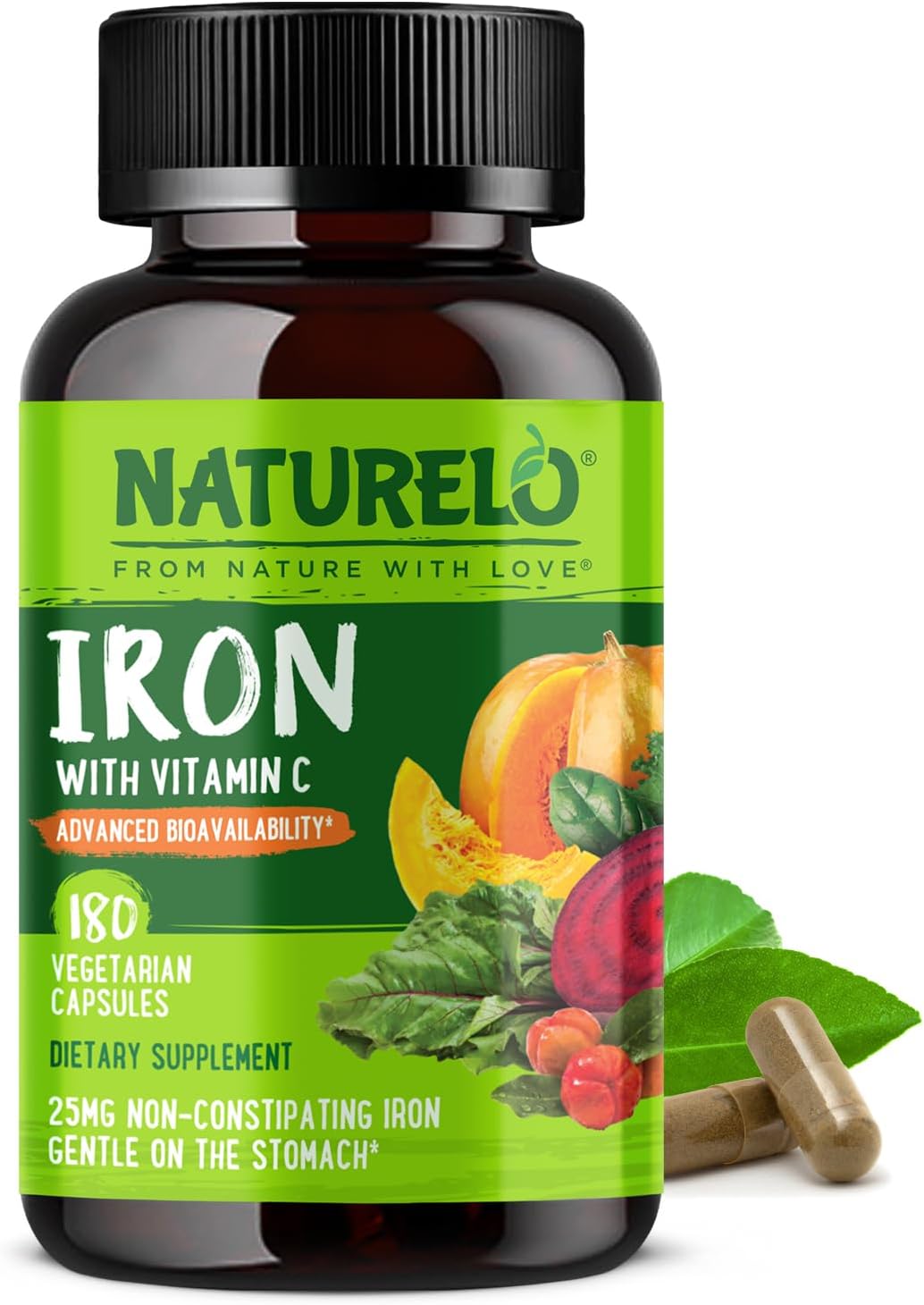 NATURELO Vegan Iron Supplement with Vitamin C for Energy Boost