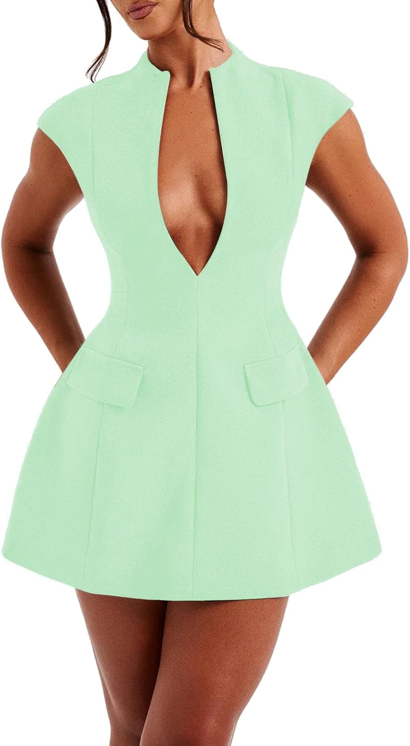LuFeng Women's Summer Sexy Cap Sleeve Deep V Neck Mini Dress