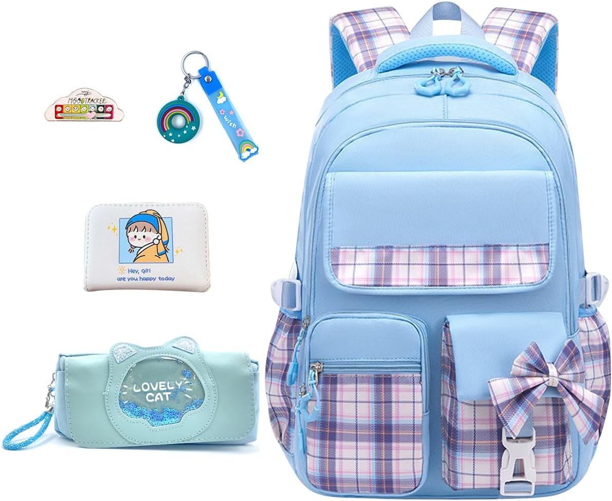 5Pcs Blue Backpack Set for School Girls - Cute Plaid Design