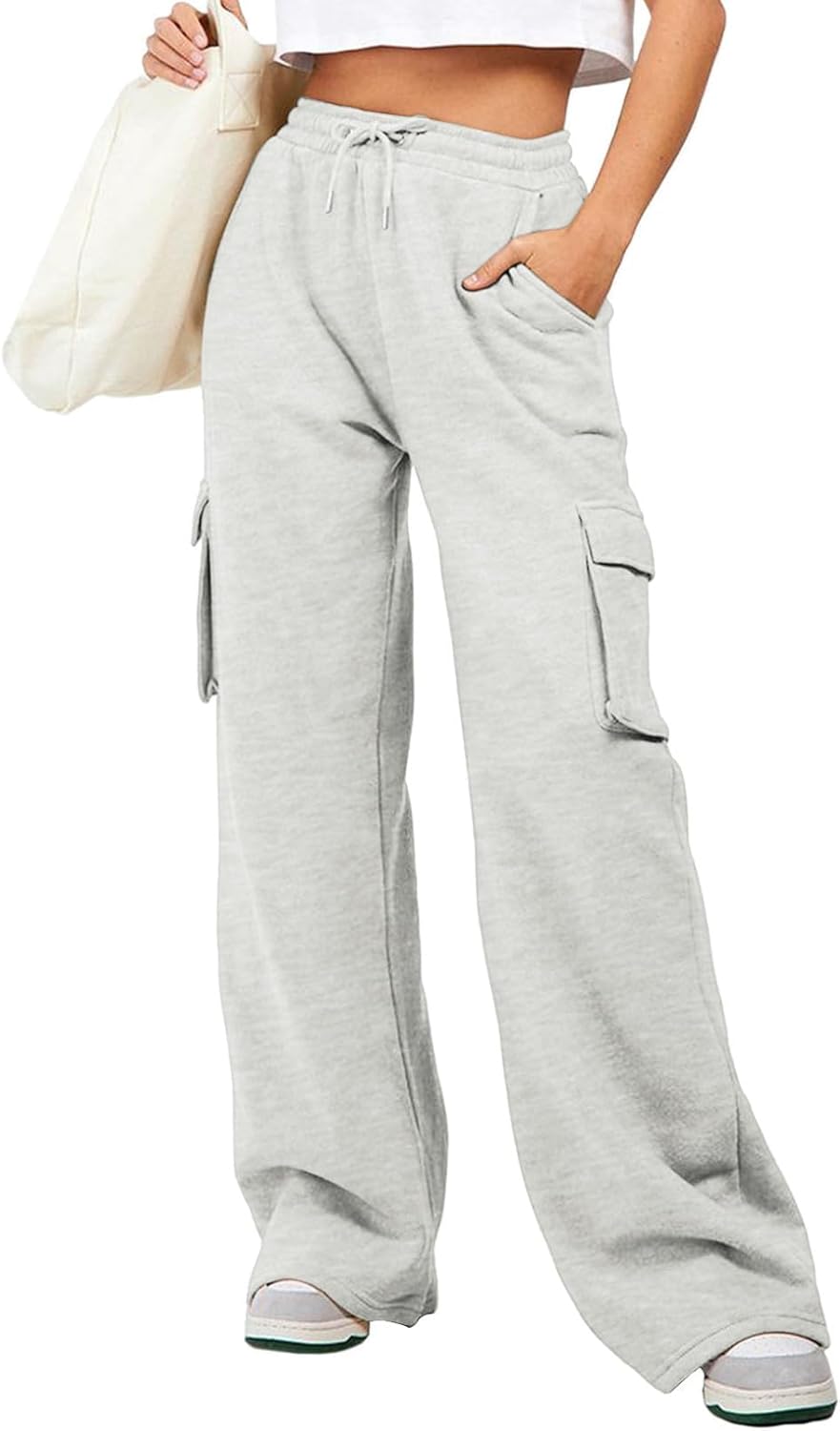 High Waisted Drawstring Wide Leg Cargo Pants for Women