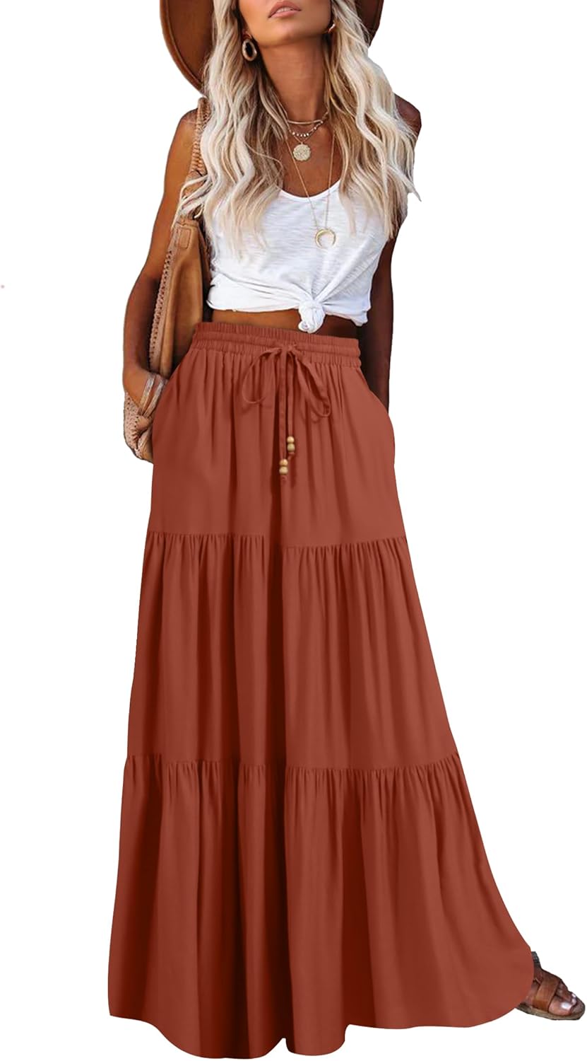 HAEOF Women's Summer Boho Maxi Skirt with Pockets and Ruffles