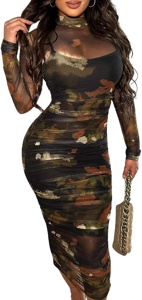 MOEENCN Sexy Long Sleeve Midi Dress for Women Party Clubwear
