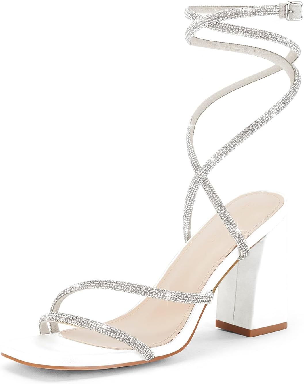 Coutgo Womens Lace Up Chunky Heels Rhinestone Sandals for Style