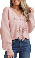 Bow Sweater Cropped V Neck Long Sleeve Sweater - Cozy Fall Staple