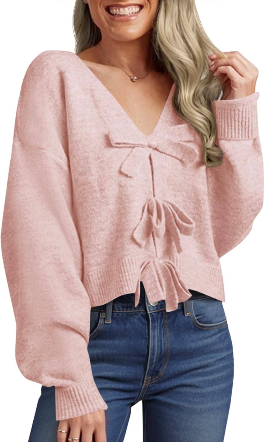 Saodimallsu Womens Bow Sweater Cozy Cropped V Neck Long Sleeve