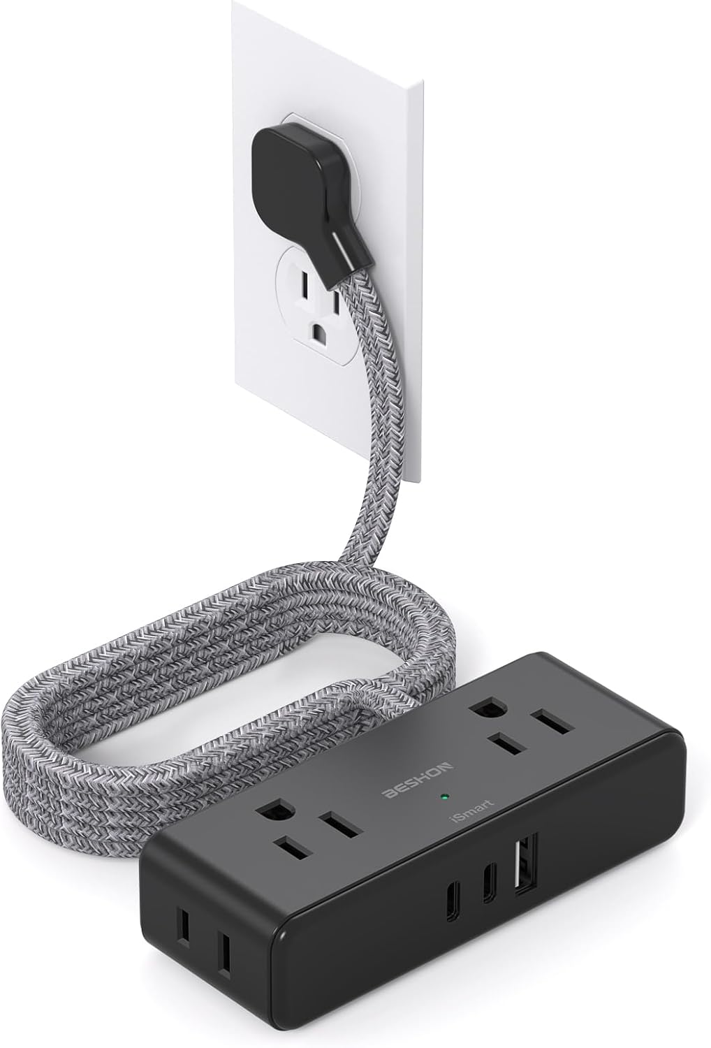 10 ft Flat Plug Power Strip with USB Ports - BESHON