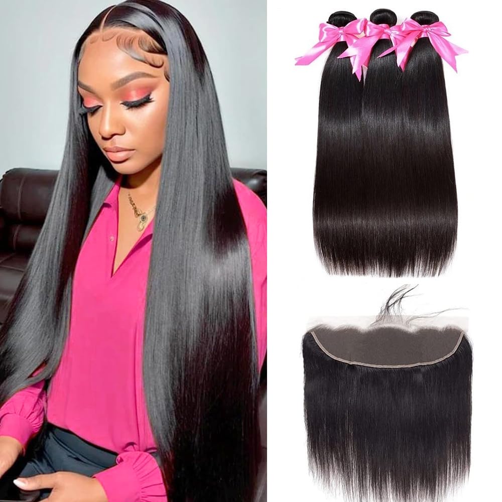 10A Brazilian Straight Human Hair Bundles with Frontal Closure